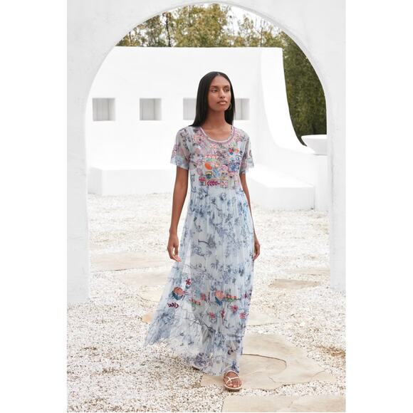 EUC Johnny Was $350 Logan Tierred Embroidered Mesh Maxi Dress - Picture 3 of 9